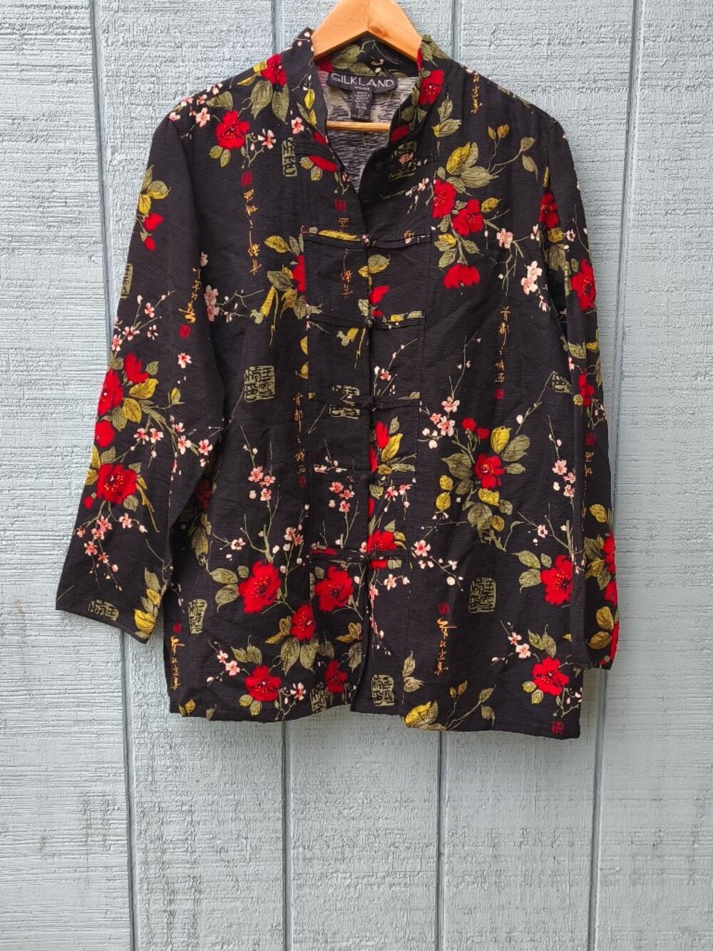 Silkland Woman 100% Silk Floral Oriental Mandarin Button Front Tunic sz 1X Black